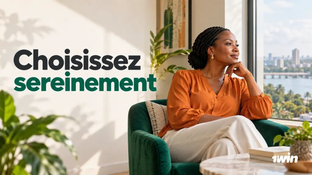 Femme réfléchissant dans un salon lumineux.