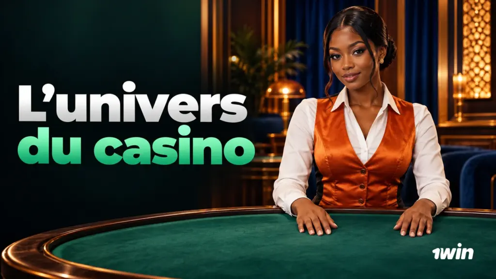 Croupière adulte en gilet orange devant une table de casino verte
